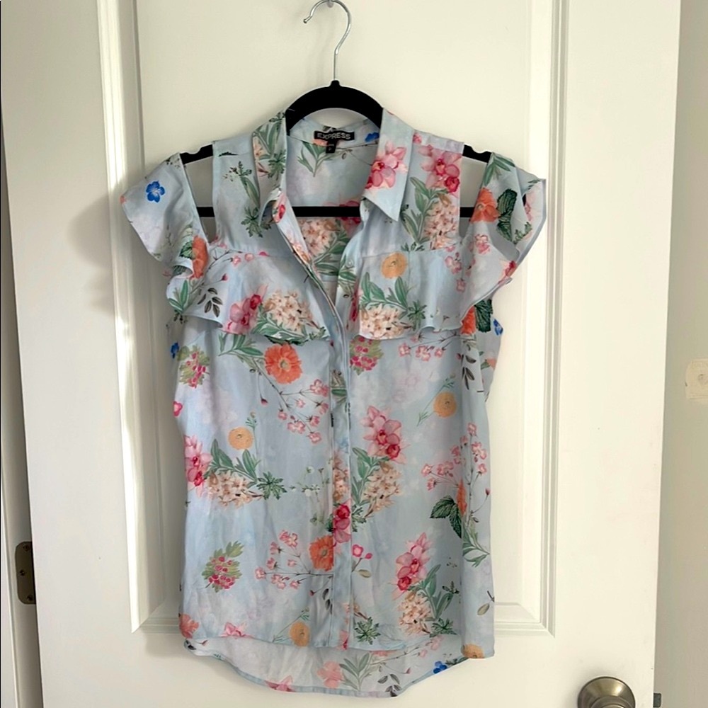 Express Blue and Pink Flutter Sleeve Blouse